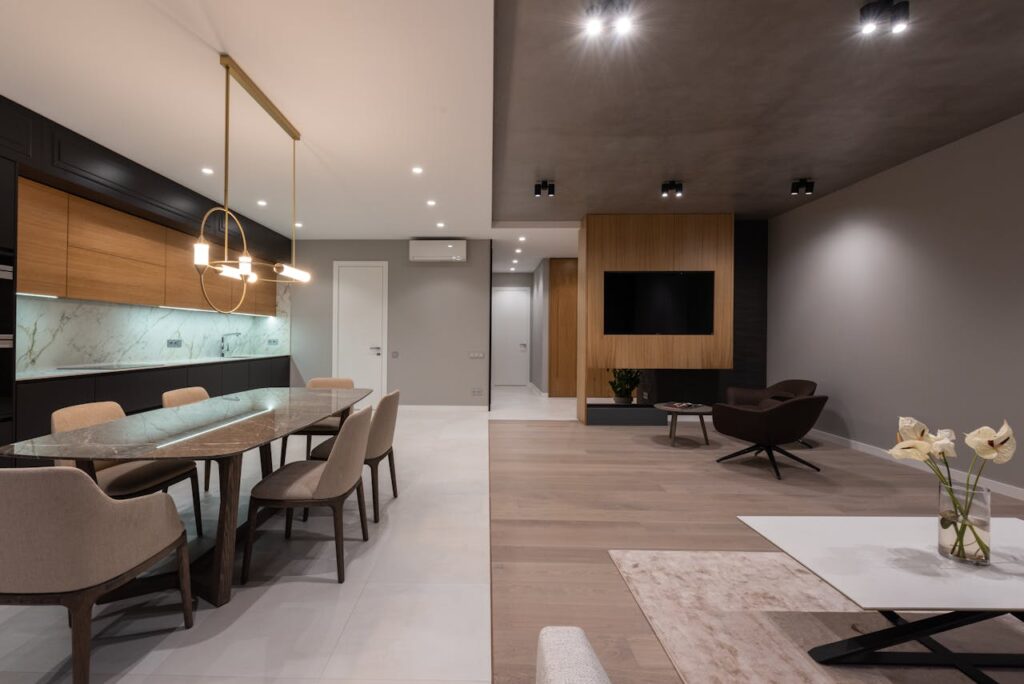 pexels-photo-6758771 Dining room with table and near open plan kitchen